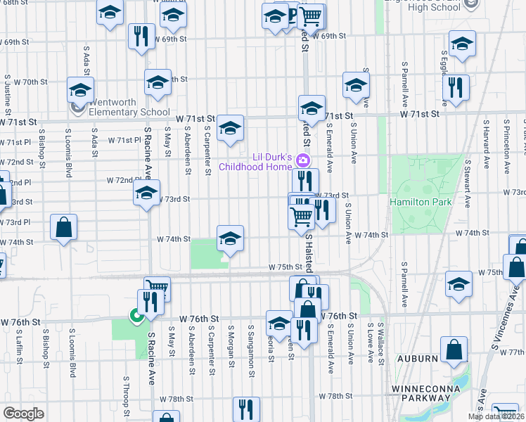 map of restaurants, bars, coffee shops, grocery stores, and more near 7303 South Peoria Street in Chicago