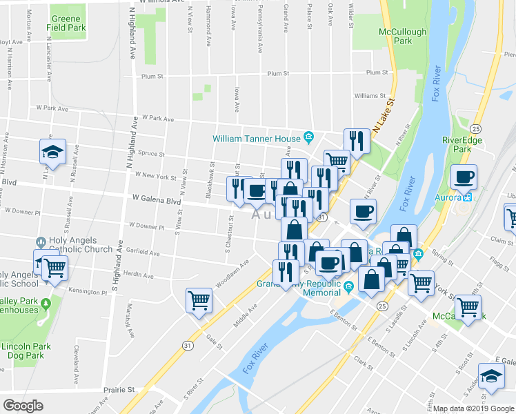 map of restaurants, bars, coffee shops, grocery stores, and more near 22 North Locust Street in Aurora