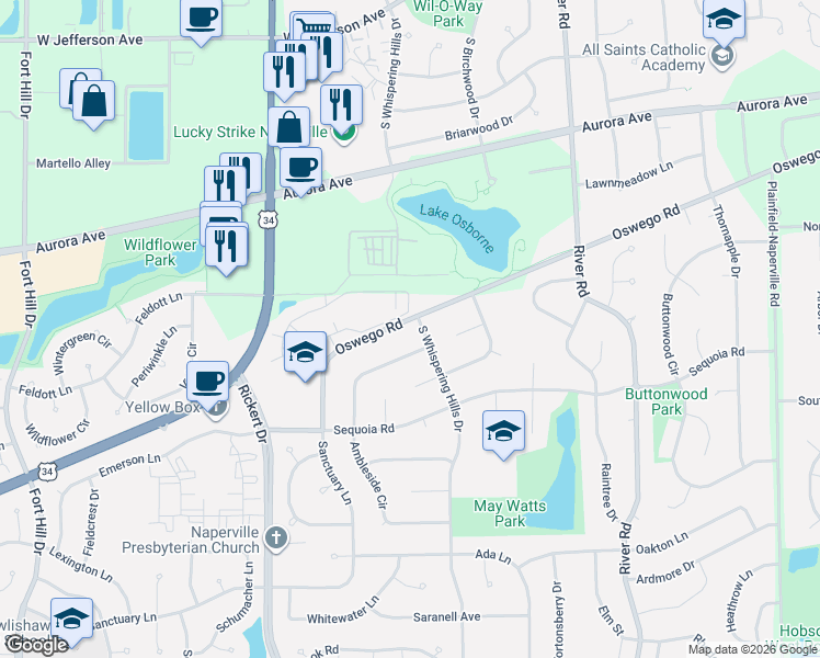 map of restaurants, bars, coffee shops, grocery stores, and more near 1423 Oswego Road in Naperville