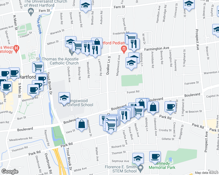 map of restaurants, bars, coffee shops, grocery stores, and more near 110 Quaker Lane South in West Hartford