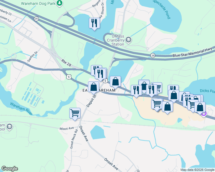 map of restaurants, bars, coffee shops, grocery stores, and more near in Wareham