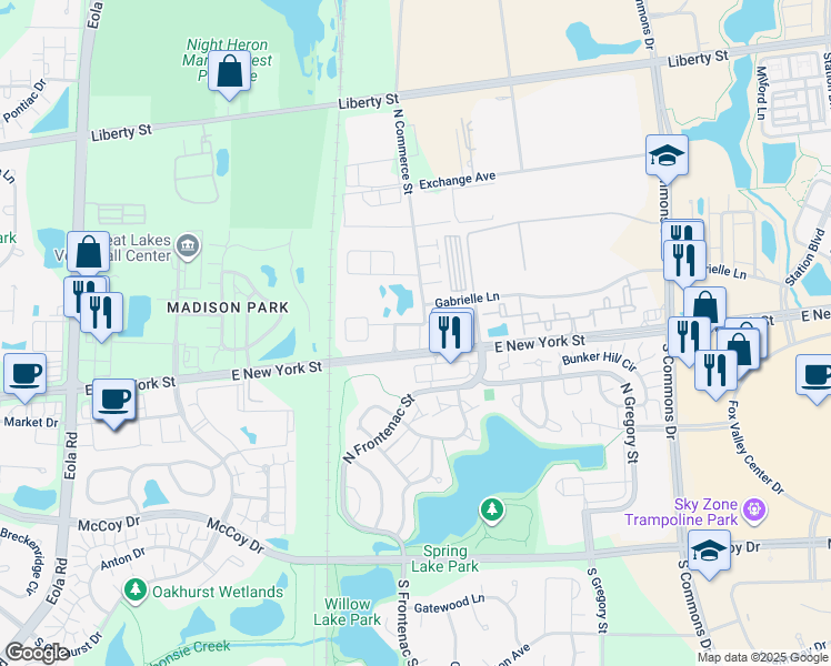 map of restaurants, bars, coffee shops, grocery stores, and more near 327 North Commerce Street in Aurora