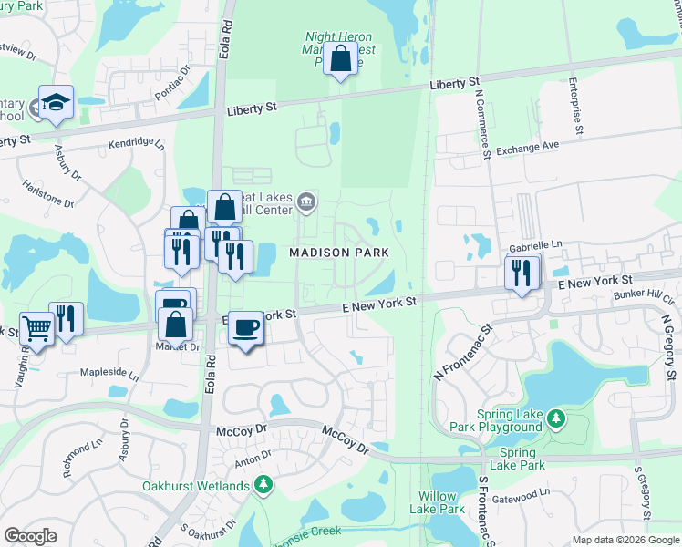 map of restaurants, bars, coffee shops, grocery stores, and more near 3156 O'Brien Drive in Aurora