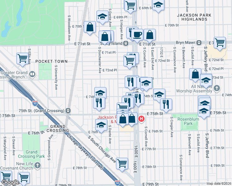 map of restaurants, bars, coffee shops, grocery stores, and more near 7348 South Blackstone Avenue in Chicago