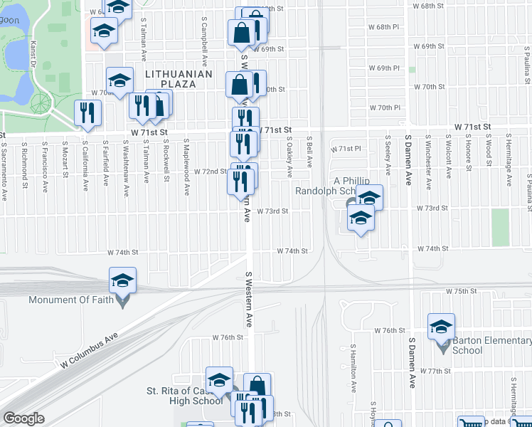 map of restaurants, bars, coffee shops, grocery stores, and more near 7300 South Claremont Avenue in Chicago