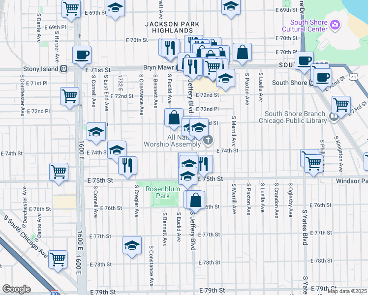 map of restaurants, bars, coffee shops, grocery stores, and more near 1942 East 74th Street in Chicago