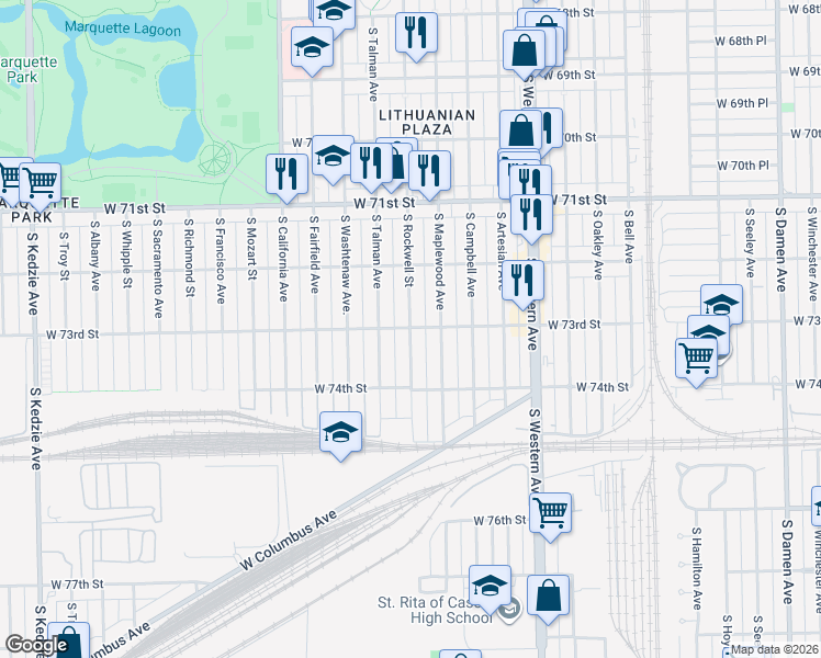 map of restaurants, bars, coffee shops, grocery stores, and more near West 73rd Street & South Rockwell Street in Chicago