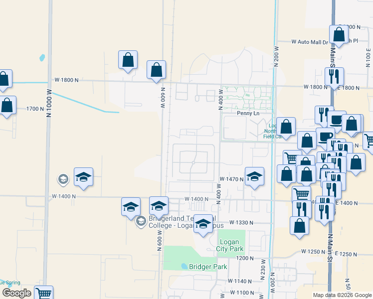 map of restaurants, bars, coffee shops, grocery stores, and more near 519 West 1570 North in Logan