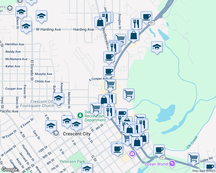 map of restaurants, bars, coffee shops, grocery stores, and more near 440 Redwood Highway in Crescent City