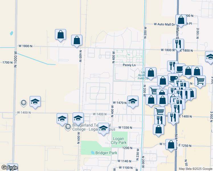 map of restaurants, bars, coffee shops, grocery stores, and more near 425 Greenview Loop in Logan