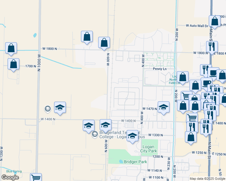 map of restaurants, bars, coffee shops, grocery stores, and more near 545 West 1595 North in Logan