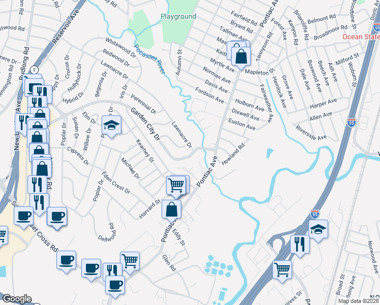 map of restaurants, bars, coffee shops, grocery stores, and more near 322 Lawnacre Drive in Cranston