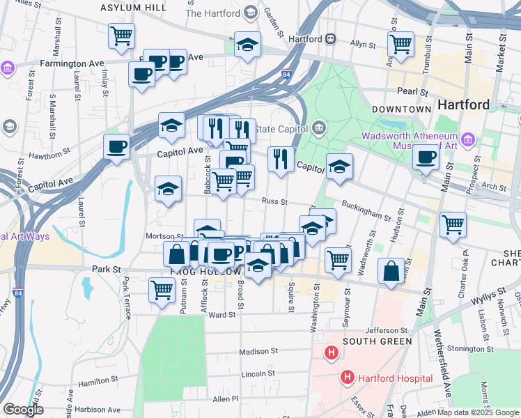 map of restaurants, bars, coffee shops, grocery stores, and more near 63 Hungerford Street in Hartford