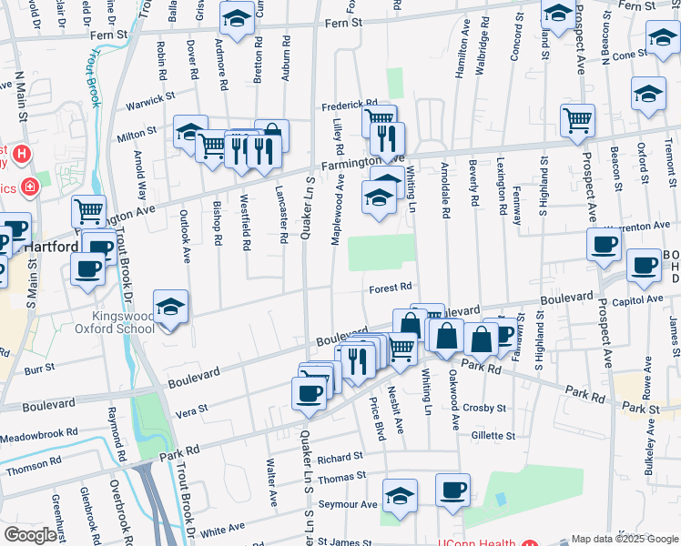 map of restaurants, bars, coffee shops, grocery stores, and more near 94 Maplewood Avenue in West Hartford