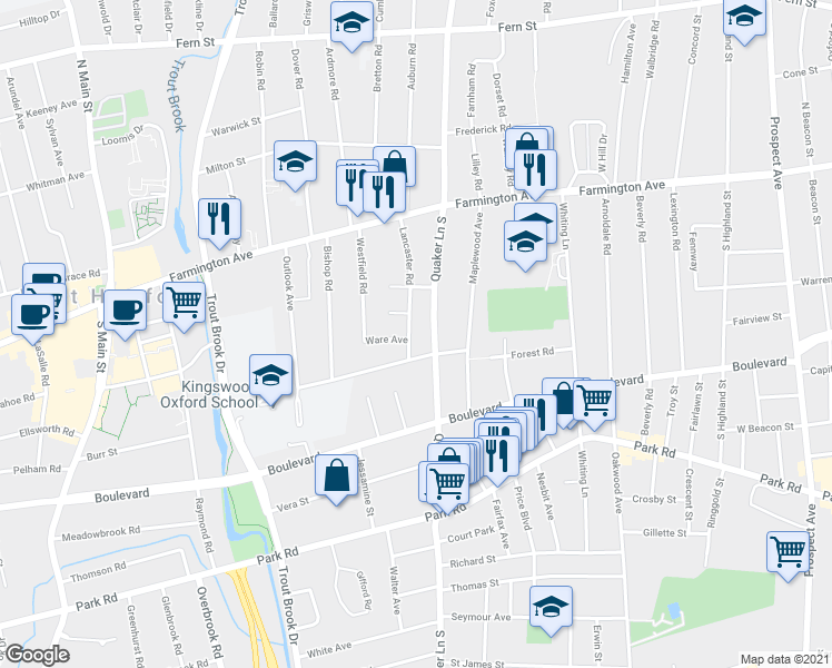 map of restaurants, bars, coffee shops, grocery stores, and more near 85 Lancaster Road in West Hartford