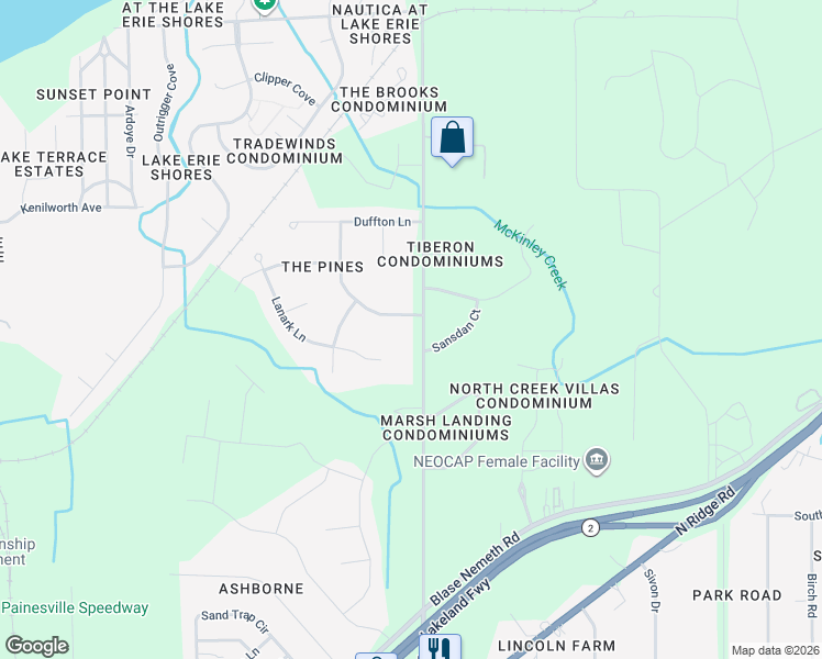 map of restaurants, bars, coffee shops, grocery stores, and more near 821 Bacon Road in Painesville