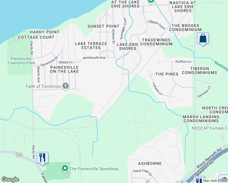 map of restaurants, bars, coffee shops, grocery stores, and more near 790 Outrigger Cove in Painesville