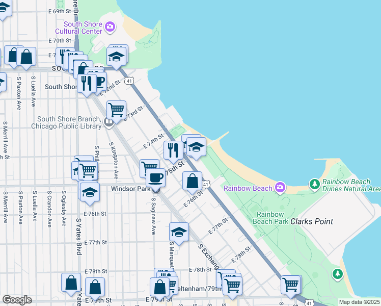 map of restaurants, bars, coffee shops, grocery stores, and more near 2272 East 75th Street in Chicago