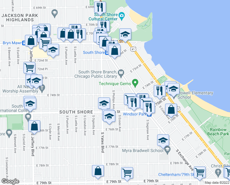 map of restaurants, bars, coffee shops, grocery stores, and more near 7336 South Kingston Avenue in Chicago