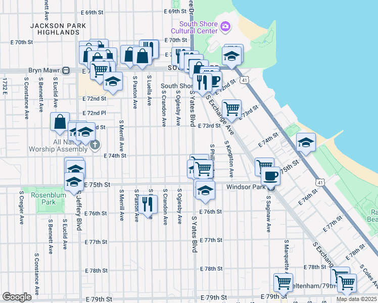 map of restaurants, bars, coffee shops, grocery stores, and more near 7336 South Yates Boulevard in Chicago