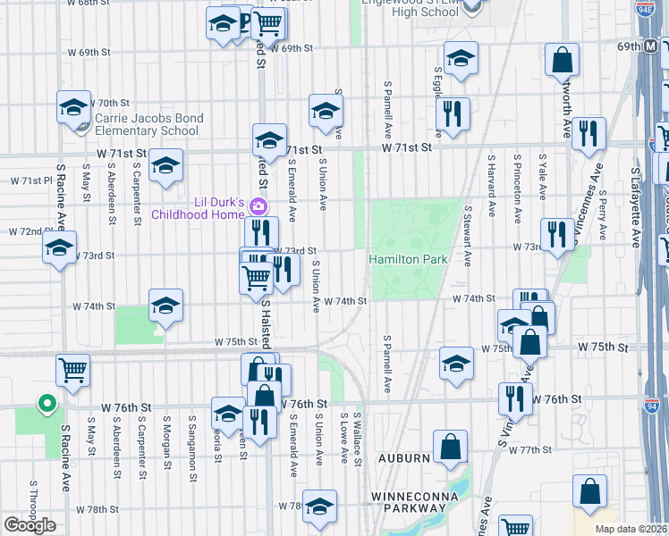 map of restaurants, bars, coffee shops, grocery stores, and more near 7303 South Lowe Avenue in Chicago