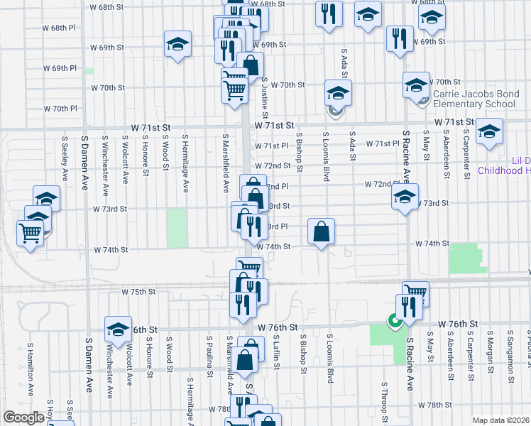 map of restaurants, bars, coffee shops, grocery stores, and more near 1520 West 73rd Street in Chicago