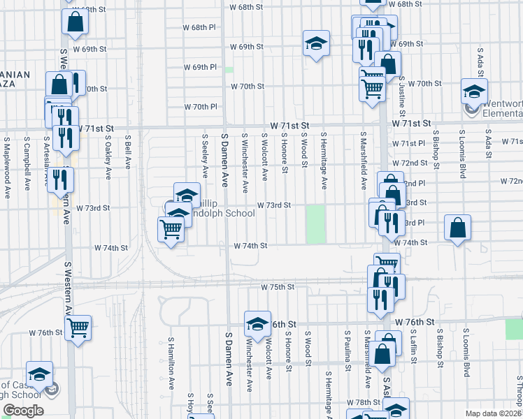 map of restaurants, bars, coffee shops, grocery stores, and more near 7251 South Winchester Avenue in Chicago