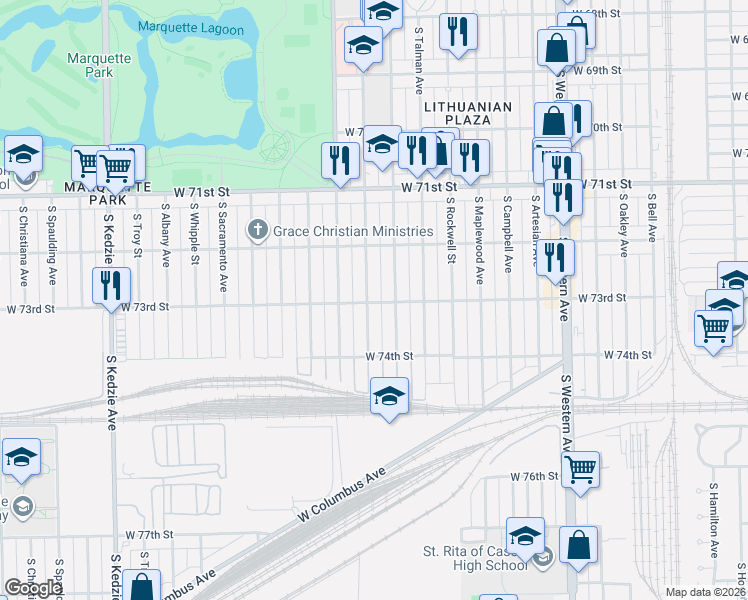 map of restaurants, bars, coffee shops, grocery stores, and more near 7241 South Fairfield Avenue in Chicago