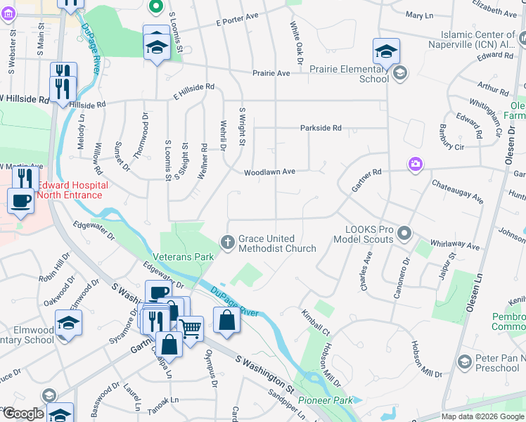 map of restaurants, bars, coffee shops, grocery stores, and more near 831 South Julian Street in Naperville