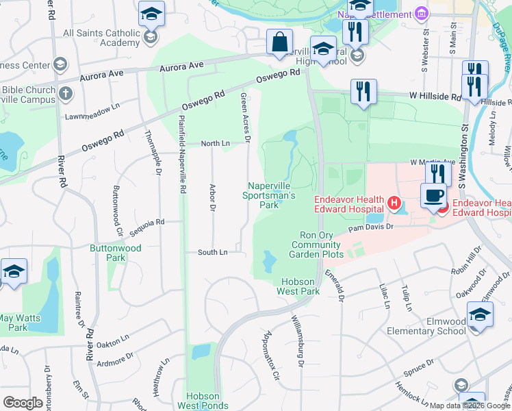 map of restaurants, bars, coffee shops, grocery stores, and more near 7S441 Green Acres Drive in Naperville
