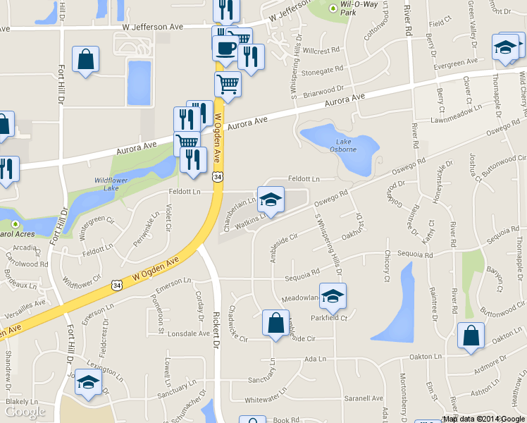 map of restaurants, bars, coffee shops, grocery stores, and more near 1535 Watkins Lane in Naperville