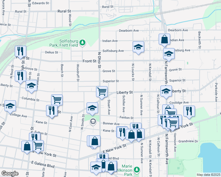 map of restaurants, bars, coffee shops, grocery stores, and more near 324 Stuart Avenue in Aurora