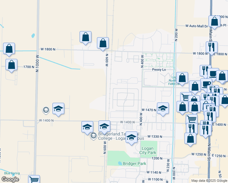 map of restaurants, bars, coffee shops, grocery stores, and more near 1584 North 565 West in Logan