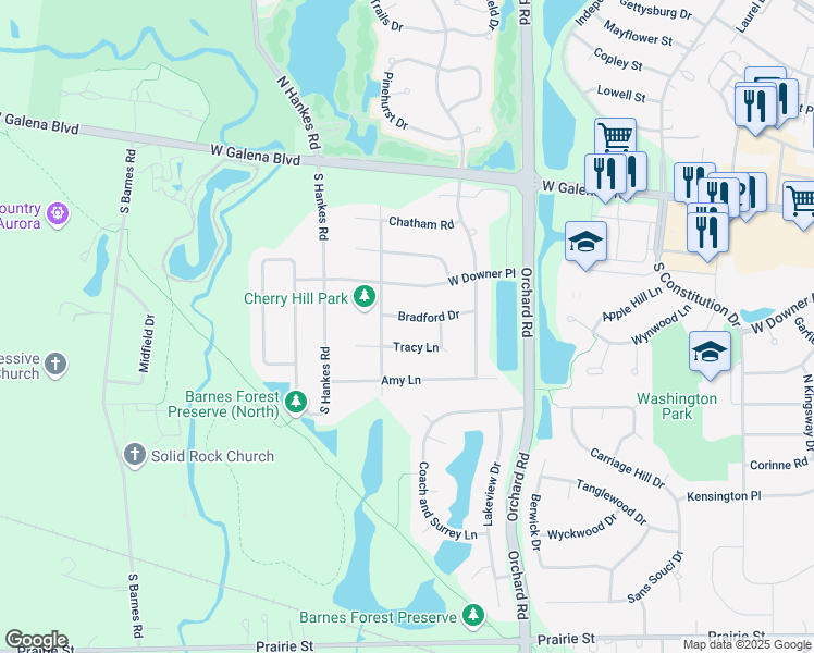 map of restaurants, bars, coffee shops, grocery stores, and more near 2455 Bradford Drive in Aurora
