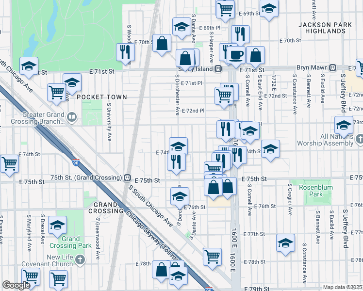 map of restaurants, bars, coffee shops, grocery stores, and more near 7347 South Dorchester Avenue in Chicago