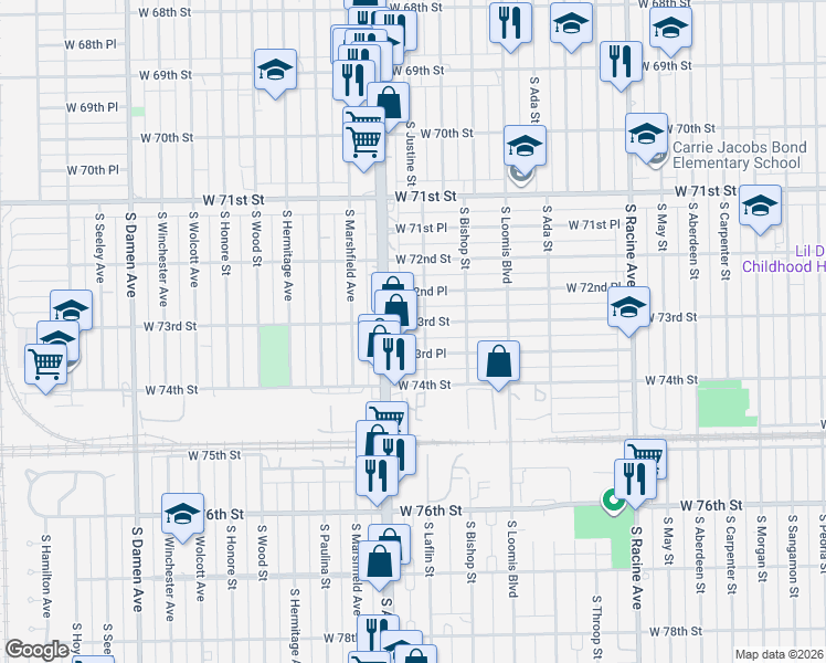 map of restaurants, bars, coffee shops, grocery stores, and more near 1520 West 73rd Street in Chicago