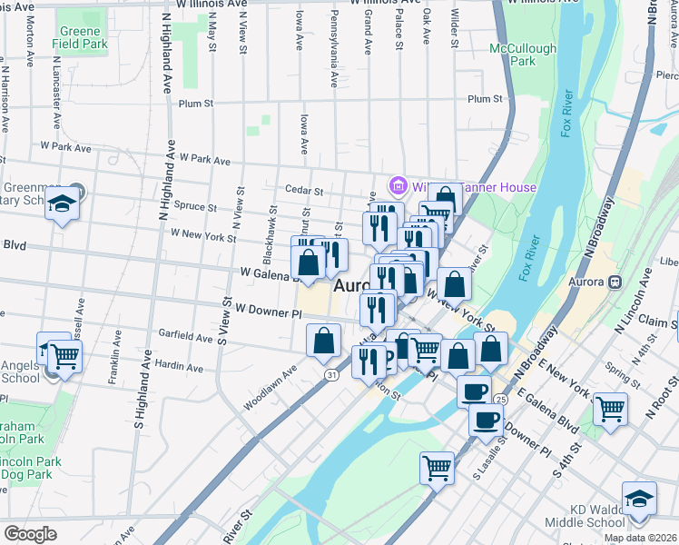 map of restaurants, bars, coffee shops, grocery stores, and more near 350 West New York Street in Aurora