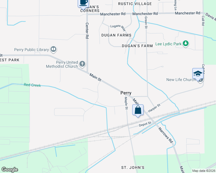 map of restaurants, bars, coffee shops, grocery stores, and more near 3983 Main Street in Perry