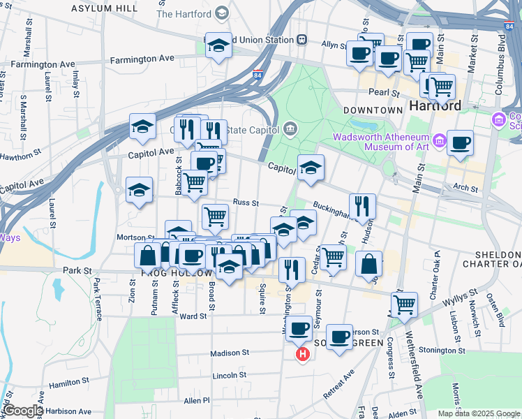 map of restaurants, bars, coffee shops, grocery stores, and more near 36 Russ Street in Hartford