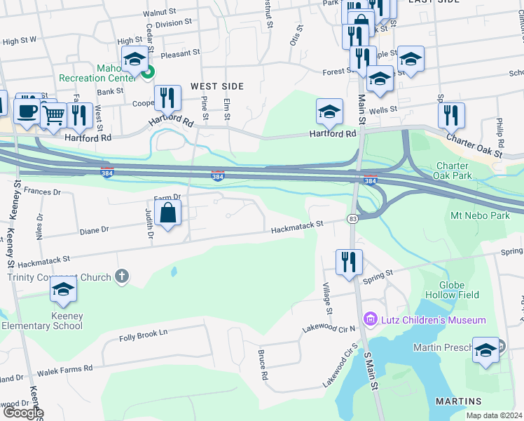 map of restaurants, bars, coffee shops, grocery stores, and more near 43 Hackmatack Street in Manchester