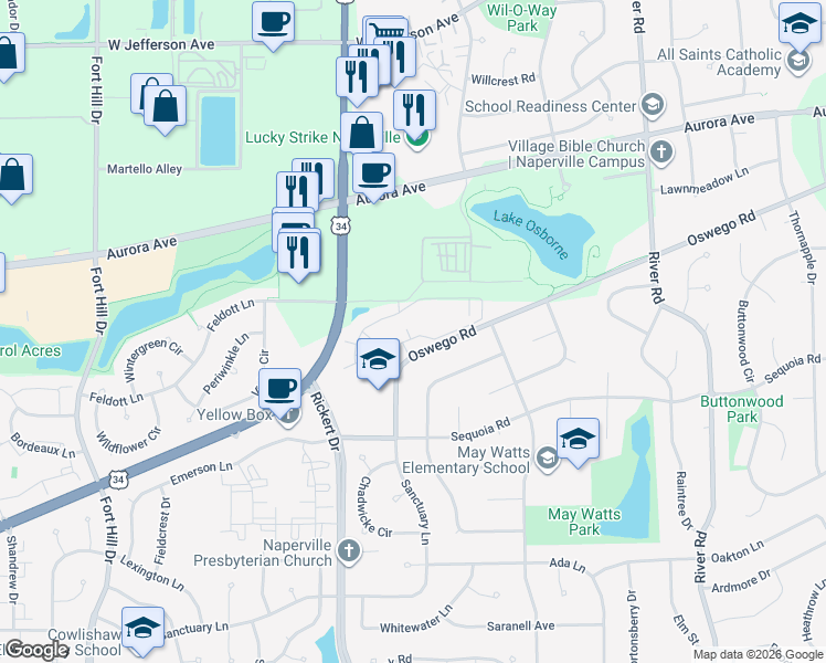map of restaurants, bars, coffee shops, grocery stores, and more near 1535 Watkins Lane in Naperville