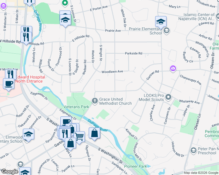 map of restaurants, bars, coffee shops, grocery stores, and more near 831 South Julian Street in Naperville