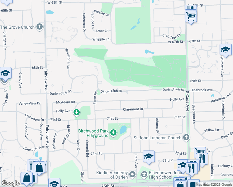 map of restaurants, bars, coffee shops, grocery stores, and more near 1529 Darien Club Drive in Darien