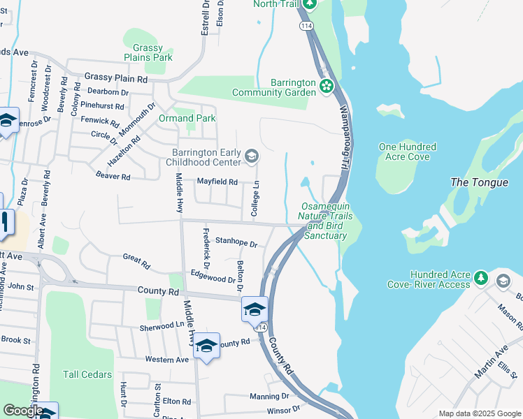 map of restaurants, bars, coffee shops, grocery stores, and more near 8 College Lane in Barrington