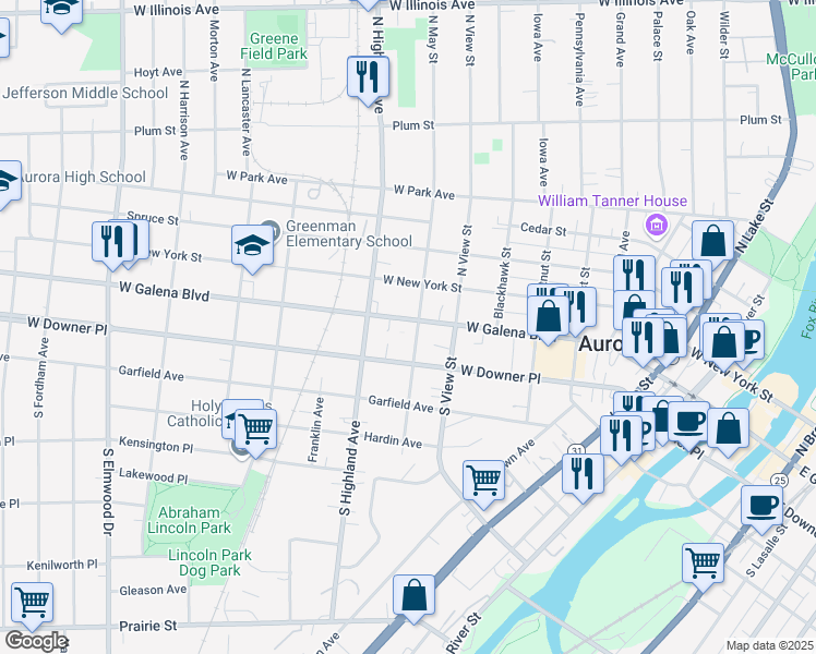 map of restaurants, bars, coffee shops, grocery stores, and more near 523 West Galena Boulevard in Aurora