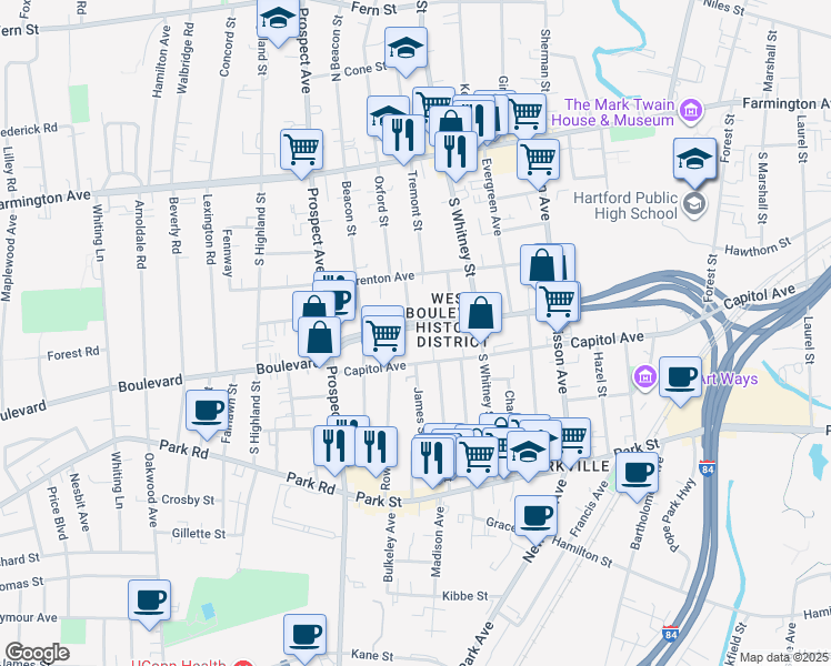 map of restaurants, bars, coffee shops, grocery stores, and more near 956 West Boulevard in Hartford