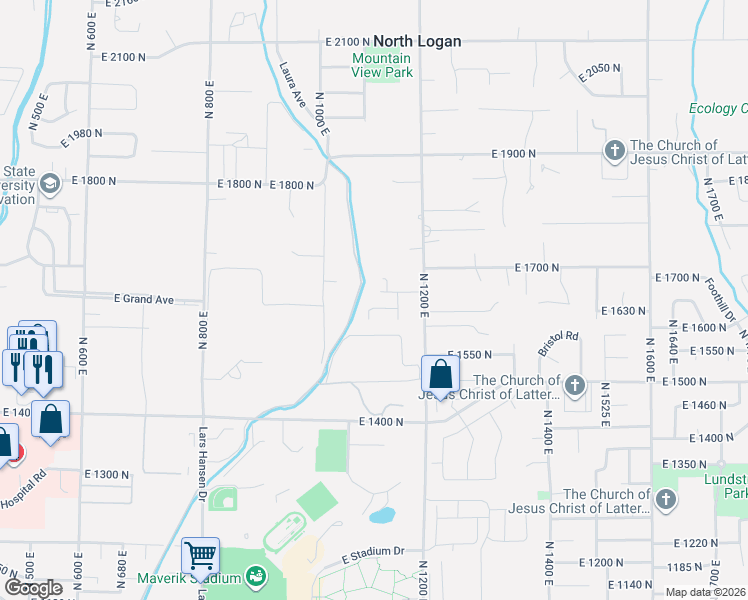 map of restaurants, bars, coffee shops, grocery stores, and more near 1107 East 1625 North in North Logan