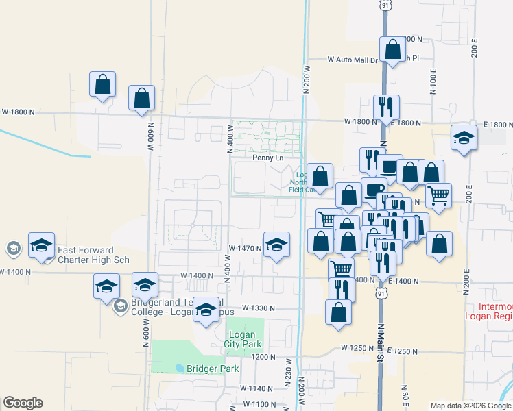 map of restaurants, bars, coffee shops, grocery stores, and more near 1589 North 310 West in Logan