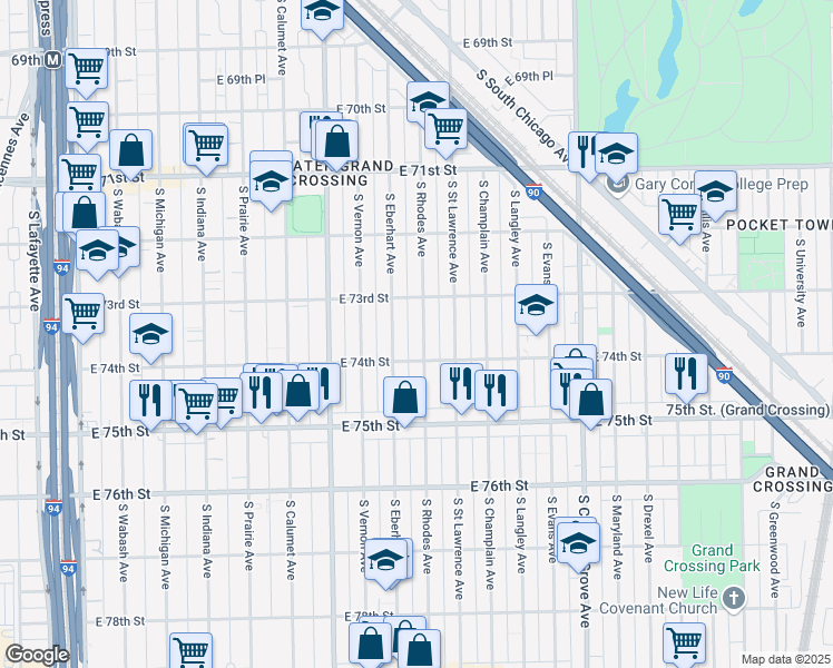 map of restaurants, bars, coffee shops, grocery stores, and more near 7334 South Rhodes Avenue in Chicago