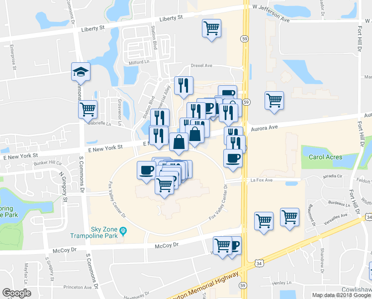 map of restaurants, bars, coffee shops, grocery stores, and more near 4250 Fox Valley Center Drive in Aurora